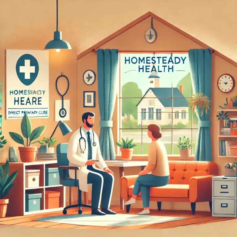 Illustration of a provider and patient talking in the HomeSteady Health office
