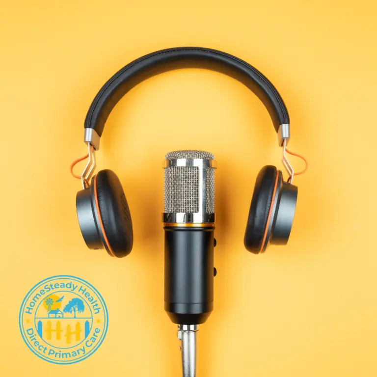 Headphones and a microphone with the HomeSteady Health logo