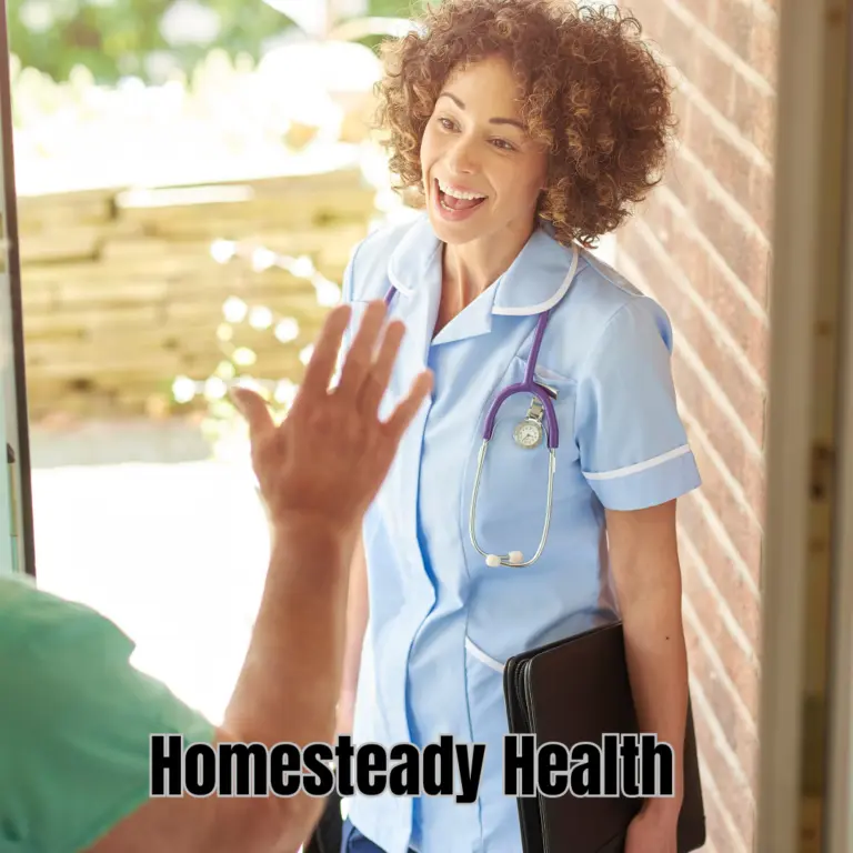 Smiling nurse in scrubs waving at a front door