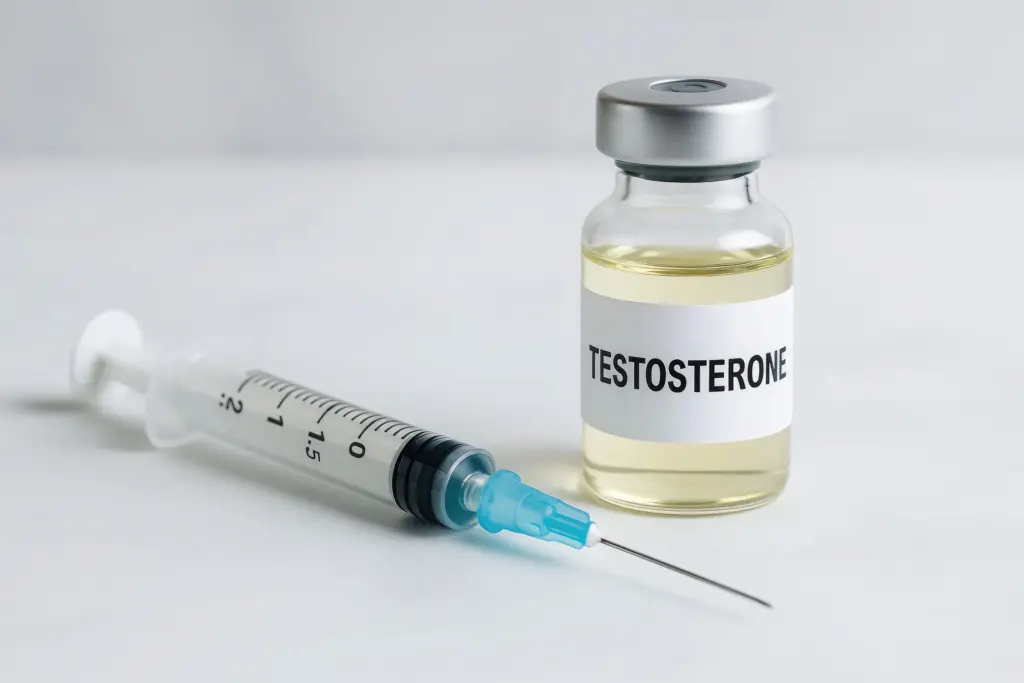 Syringe next to a vial labeled testosterone