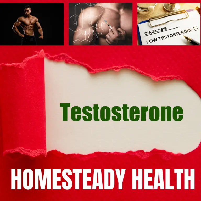 Testosterone graphic with the HomeSteady Health name on a red banner