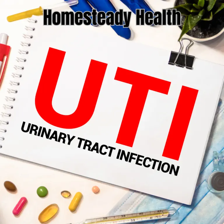 Note reading UTI, urinary tract infection, surrounded by pills