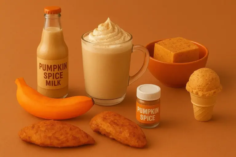 Pumpkin spice drink and autumn foods on an orange background